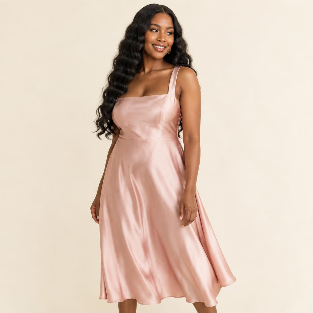 Model wearing long deep wave hair with a blush satin midi dress