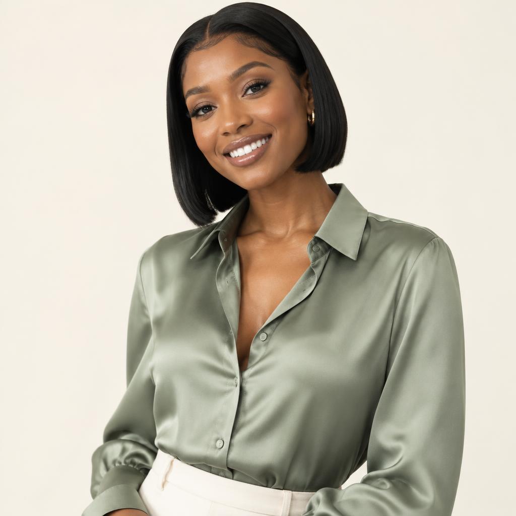 Model wearing a sleek short bob wig with a sage satin blouse